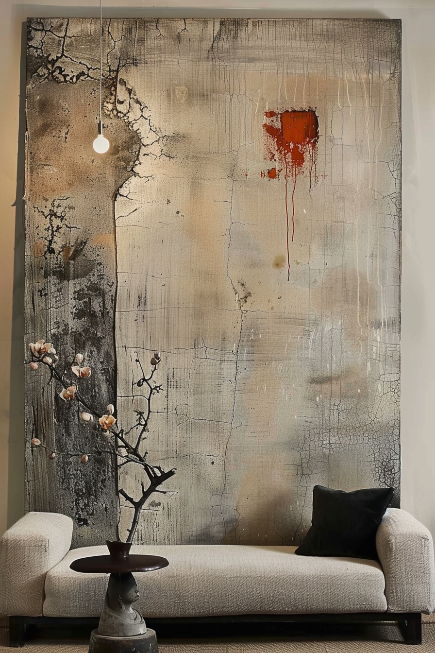The image features a modern interior with a large abstract wall painting as the focal point. The painting is predominantly neutral with textured shades of grey, black, and sporadic rust-like colors, and an accent of bright red dripping down from a square shape towards the center right. Suspended in front of the painting is a single pendant light with a spherical white bulb. Below, a minimalist beige sofa with one black cushion is positioned, and in front of it is a round table with a unique statuette base holding up a dark circular top. A singular branch with blossoms sits on the table, adding a natural touch to the scene. ALT text: Abstract painting in a modern living room interior with neutral tones, a minimalist sofa, distinctive statuette table, and blossom branch decoration.