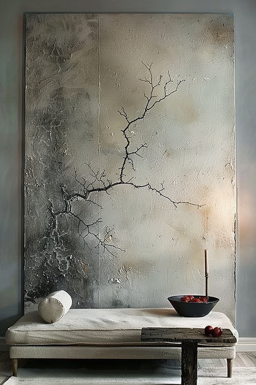 The image shows a large vertical abstract painting with a design that resembles a tree without leaves and peeling textures, invoking the essence of wabi-sabi art. It's leaning against a wall, above a bench with a simple white cushion. On the bench there is an off-white spherical object, a bowl with some red spherical objects, and what appears to be a wooden stick or brush alongside it. The painting has a gradient of dark to light hues moving from left to right, with the left side being much darker and the right side lighter, suggesting an interplay of shadow and light. Abstract painting with a tree-like design and textured surface leaning against a wall above a bench with decorative objects.