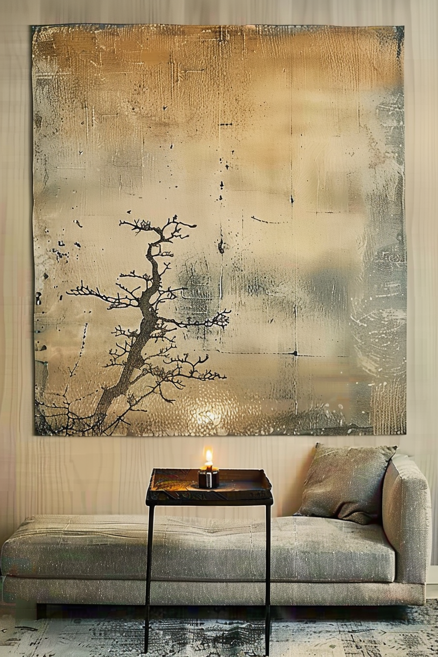 The image depicts a cozy interior setting focusing on a textured abstract painting hanging above a modern chaise lounge. The painting has earthy tones and features what appears to be a bare tree silhouette against a rugged background. Below the painting is a simple side table with a single lit candle on it, adding warmth to the scene. The chaise lounge is upholstered in a shimmering fabric that catches the light. The floor is covered with a distressed rug, and the walls have a subtle striped wallpaper. A cozy interior corner with a modern chaise lounge, abstract tree painting, side table with a lit candle, and a textured rug.