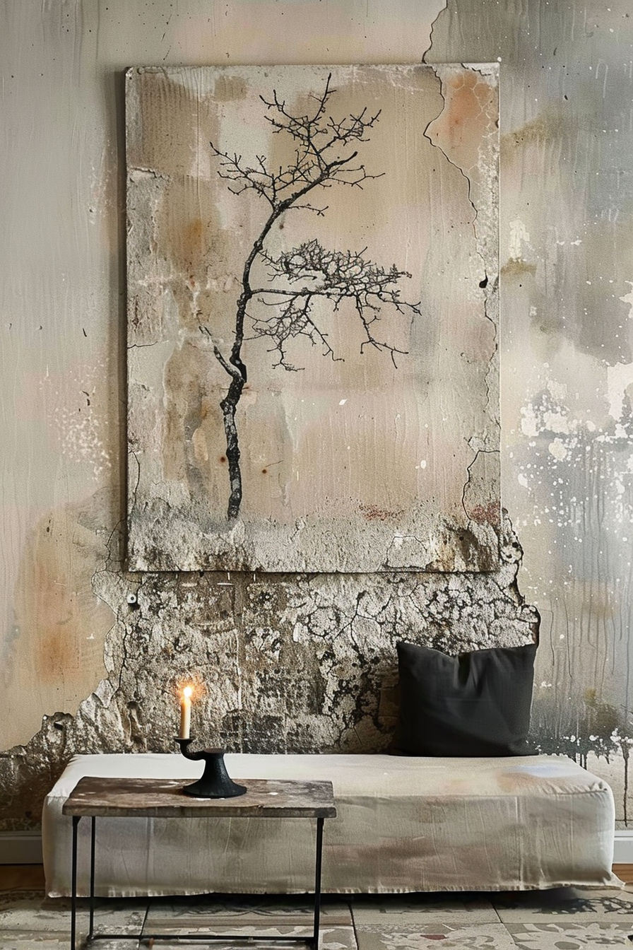 The image displays an interior setting with a strong aesthetic of decay and abandonment. A large canvas depicting a bare tree is centered on a distressed wall with peeling paint and stains. Below the canvas sits a minimalist daybed with a black pillow, accompanied by a small square table with a lit candle on it, all against an aged wall with texture that complements the artwork. The overall scene creates a moody and atmospheric vibe. Canvas with a bare tree on a textured wall above a daybed with a lit candle on a side table.