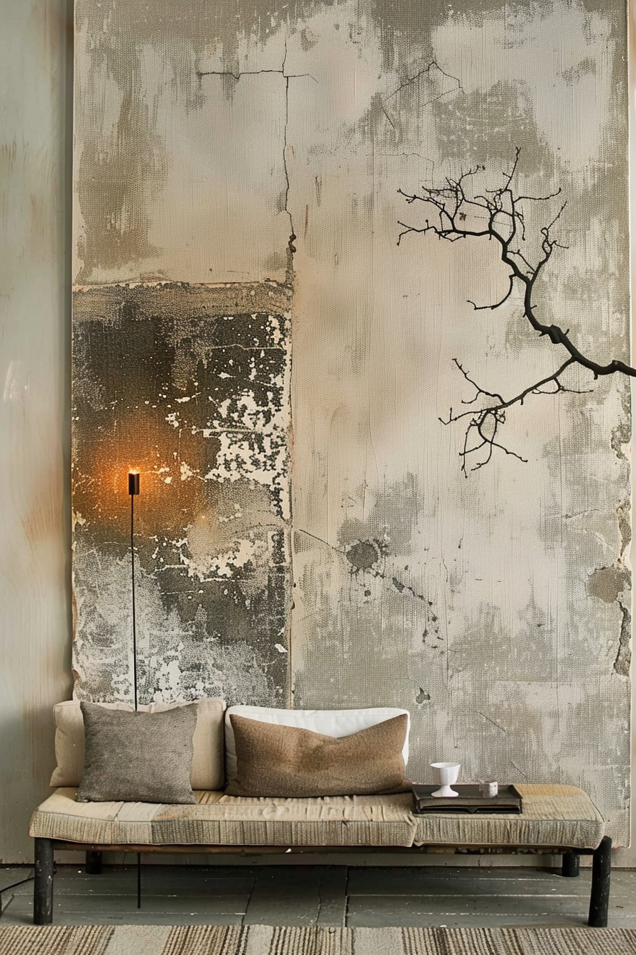 The image shows a minimalistic interior setting with a strong rustic and artistic vibe. A low-profile daybed with neutral-toned cushions sits against a distressed wall with peeling paint and a patchwork of earthy colors. A simple, elegant floor lamp with a glowing bulb adds warmth to the scene. A bare-branched twig is positioned vertically, juxtaposing the natural element against the worn backdrop. A small tray with a cup and saucer, along with a couple of books, rests on the daybed, suggesting a relaxed atmosphere. The textured rug beneath the daybed complements the overall aesthetic of the room. ALT: Rustic daybed with cushions against a distressed wall, accented by a glowing floor lamp and a bare twig, with a tray holding a cup and books.