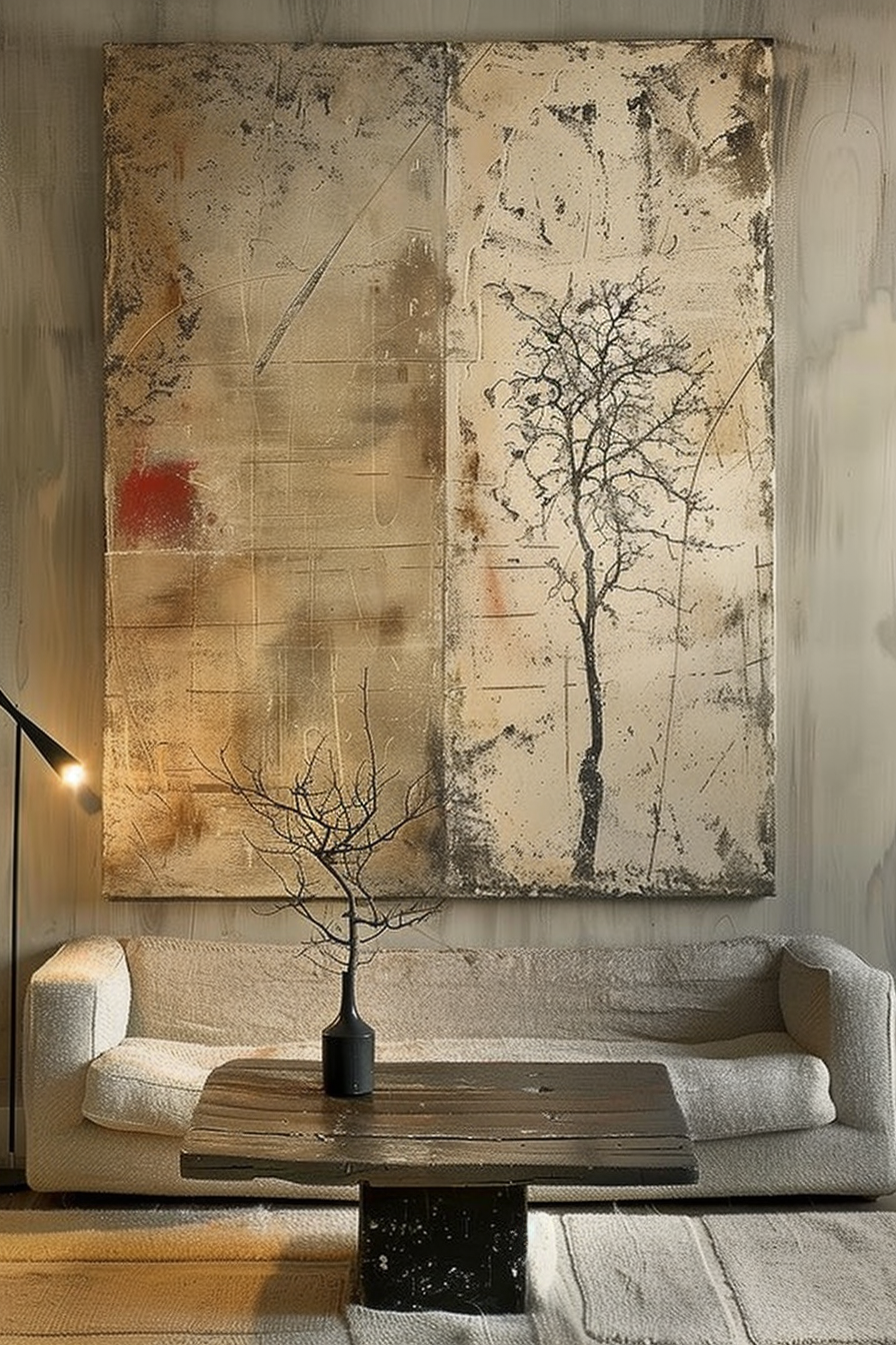 This image features a cozy interior scene with a minimalist aesthetic. A large abstract painting in earthy tones with a solitary red splash of color and a black tree silhouette hangs on a textured wall. Below the painting, a modern light-colored couch is adorned with no cushions, emphasizing a bare, simplistic design. In front of the couch, there sits a rustic wooden coffee table with a small leafless tree in a black vase, mirroring the tree in the painting. The floor is covered with a light, textured rug that complements the neutral palette of the room. Soft lighting from a floor lamp casts a warm glow on the scene, enhancing the overall tranquil and artistic ambiance. ALT text: Minimalistic interior decor featuring a modern couch, a rustic wooden coffee table with a black vase and barren tree, and a large abstract wall painting with a black tree silhouette.