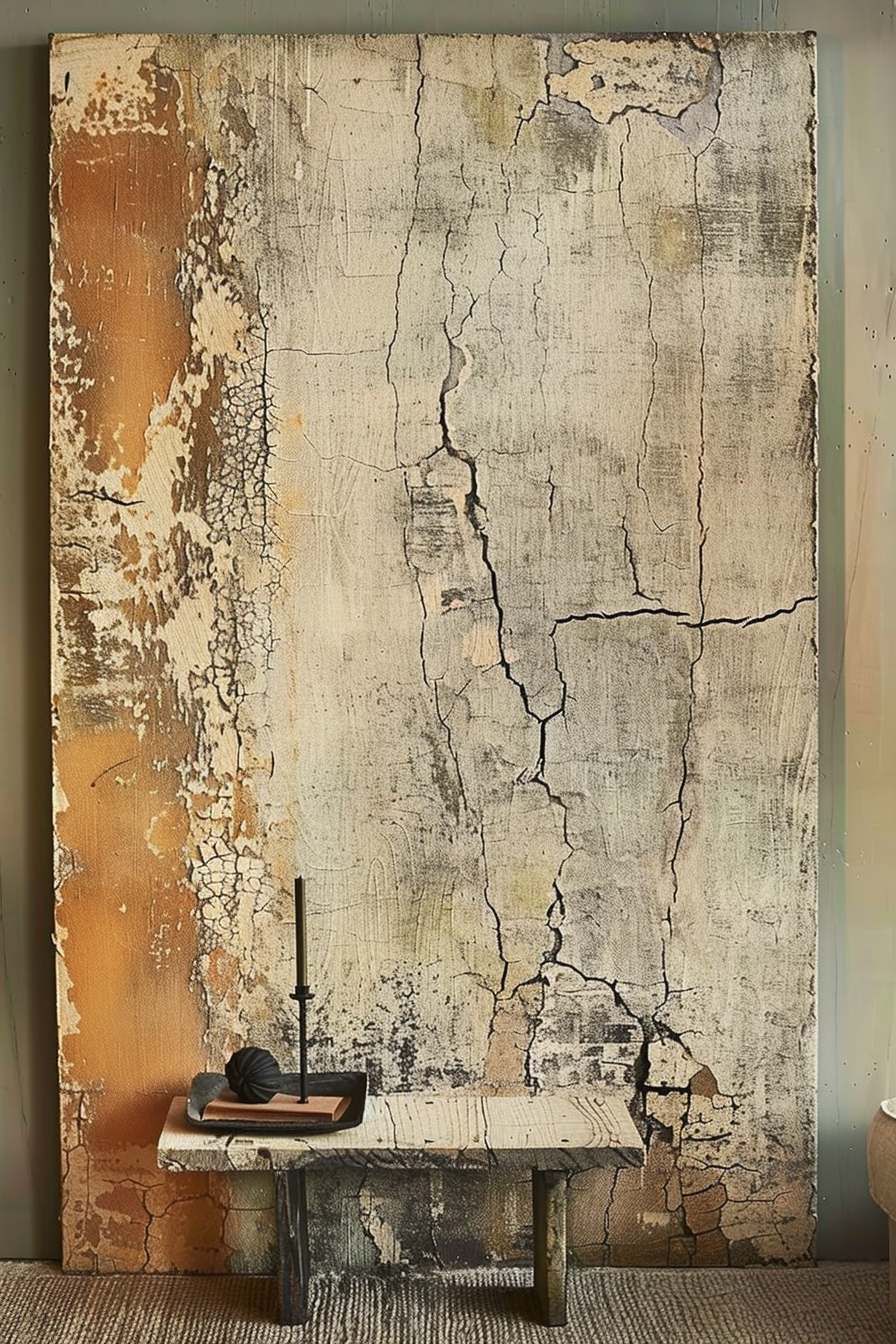 The image depicts a weathered, textured panel with peeling layers of paint, primarily in shades of white and brown, standing against a wall. In front of the panel, there is a rustic wooden bench with a simple, dark metallic candlestick and an open book resting on top of it. Textural details such as cracks and chips are visible on both the panel and the bench, suggesting age and wear. Alt text: Aged, cracked paint panel in white and brown shades leaning against a wall with a vintage wooden bench, a candlestick, and an open book in front.