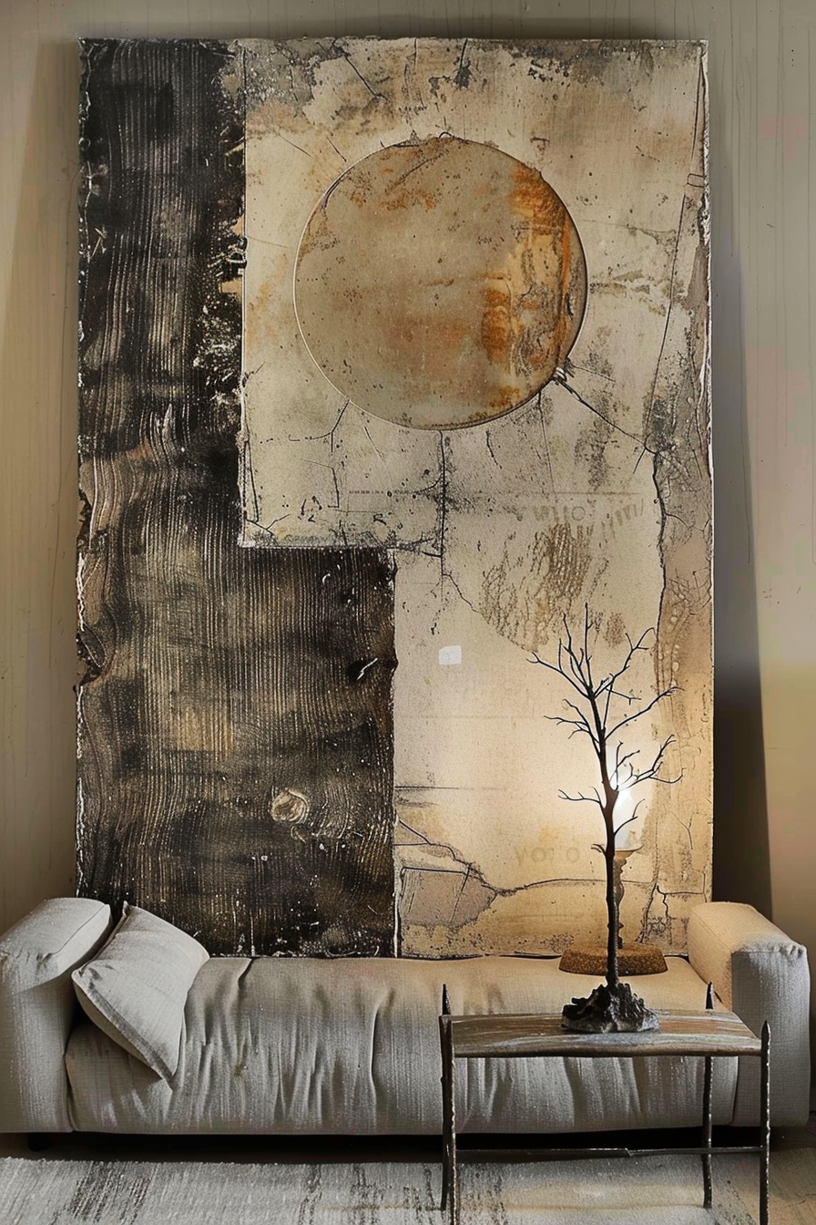 This image features an interior space, specifically one corner of a room with a modern, minimalist aesthetic. Dominating the space is a large, abstract painting hanging on the wall. The artwork consists of various textures and neutral tones with a prominent rust-colored circle at its center. It exhibits a juxtaposition of darkness on its left side and lighter, intricate line work on the right. In front of the painting, there is a simple, chic daybed with two cushions. On the right side of the bed sits a narrow table with two thin metal legs, atop which rests a lamp with a base that mimetically mirrors a small tree or branch structure, suggesting a link between nature and the manufactured. The lampshade shares the circular motif seen in the painting, creating a thematic coherence. Below the furniture, the floor bears a large, textured rug, contributing to the room's overall sense of comfort and style. An appropriate ALT text for this image could be: Modern minimalist corner with abstract wall art, a daybed with cushions, a metal-legged table, and a lamp resembling a tree branch.