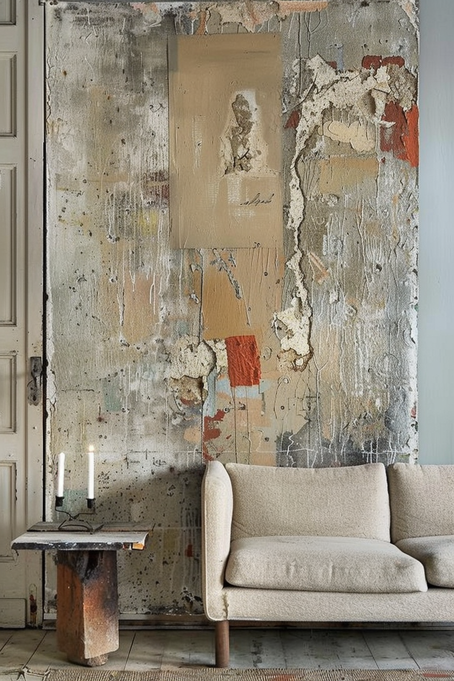 This image features a rustic and textured wall that displays signs of peeling paint and various patches of color, giving it an abstract appearance. In front of the wall stands an off-white, modern sofa with accentuated clean lines and a minimalist design. Beside the sofa is a unique side table made from what looks like raw, industrial materials, supporting two lit white candles and a small book. The aesthetic contrast between the distressed wall and the understated furniture creates a balance of rough and refined elements within an interior setting. A beige modern sofa beside a rustic, textured wall with a makeshift side table holding candles and a book.