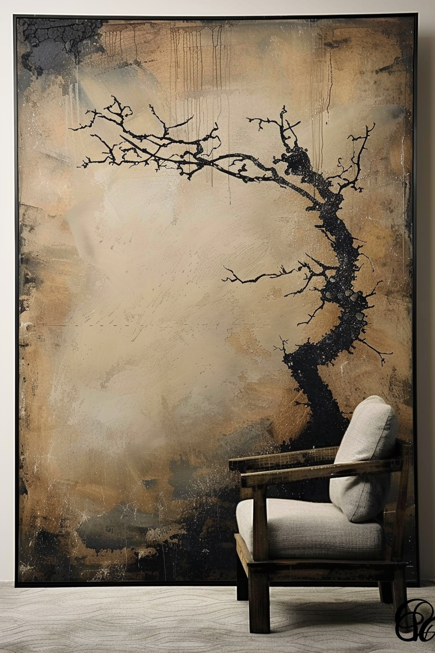 The image shows a large, abstract, textured painting featuring a black tree silhouette with barren branches against a beige and brown background with abstract splatters and drips. In front of the painting to the right, there is a wooden chair with a cushion, situated on a carpeted floor. Large abstract painting of a tree silhouette with a wooden chair in front of it.