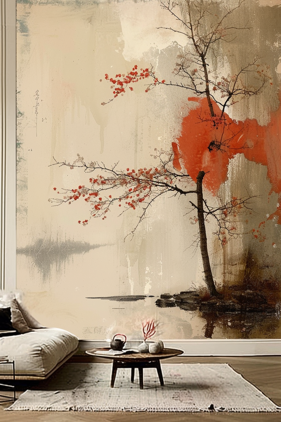 The image is of a modern living space with a large, painting-like wall decoration that features a stylized tree with bright red leaves. The artwork has a subtle Asian aesthetic, possibly influenced by traditional East Asian ink wash painting techniques. In front of the wall is a low wooden coffee table with three decorative items: two vases and a piece of coral. There's also a comfortable-looking cushioned seat with a gray pillow to the left, situated on top of a patterned area rug that partially covers a wooden floor. Proposed ALT text: A cozy room corner showcasing an oversized wall art of a red-leaved tree in an Asian style, with a cushioned seat and a wooden coffee table bearing decorative items.