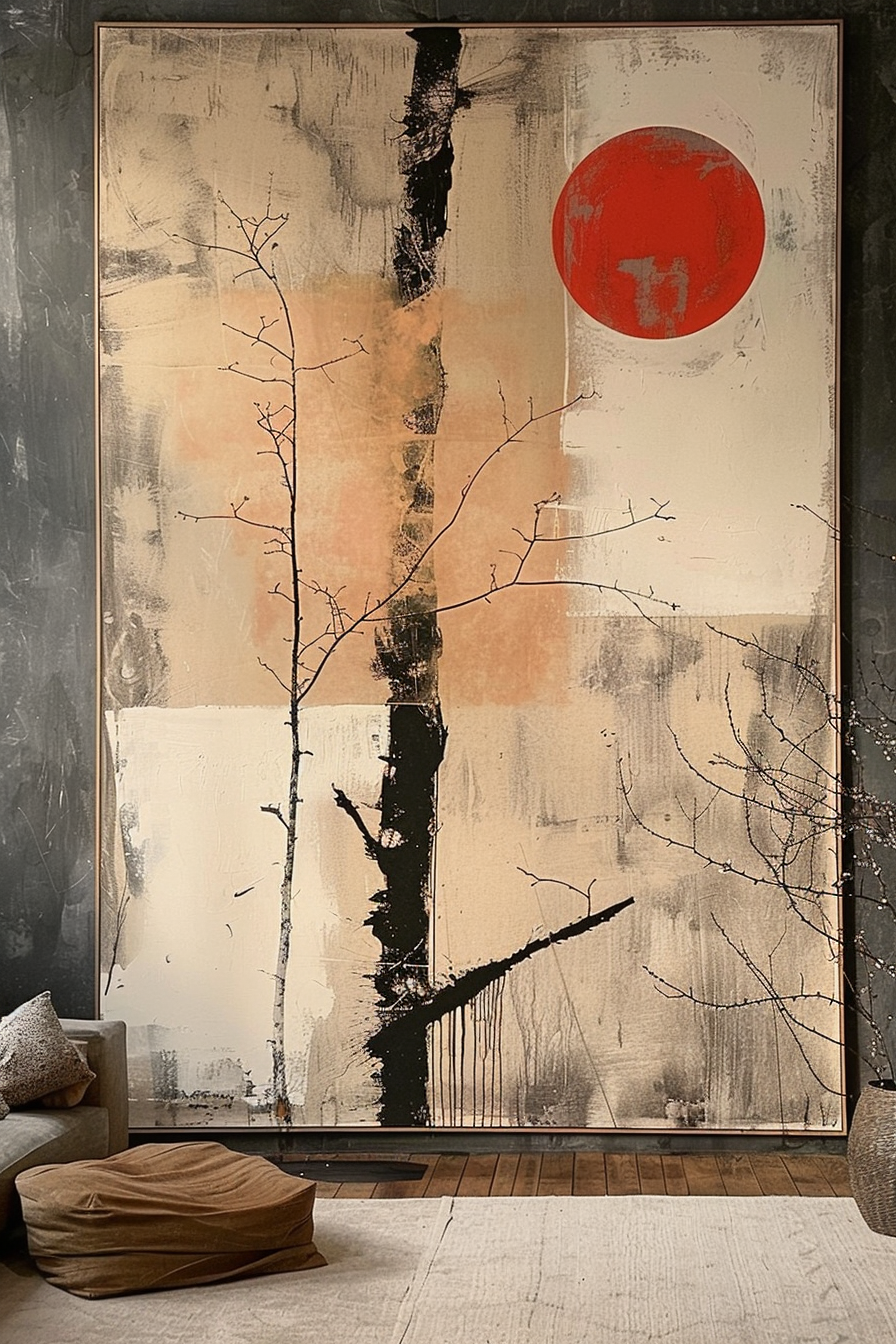 This image shows a large painted canvas displayed on a wall in a room with a modern, minimalist aesthetic. The abstract painting features colors such as beige, black, white, and a prominent red circle. The design loosely suggests tree branches silhouetted against a textured background. In front of the painting, there is a comfortable-looking leather pouf on a light-colored area rug, with a grey upholstered sofa and a small side table bearing a cushion and vase visible to the left side of the frame. A possible description for this image could be: Large abstract painting with beige and black tones and a striking red circle, in a modern room with a leather pouf and part of a grey sofa visible.