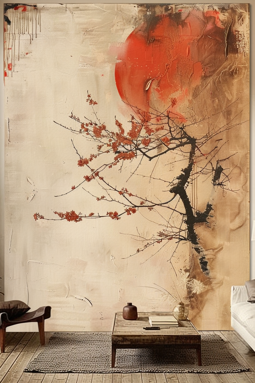 The image depicts a cozy room with a large, abstract painting taking center stage on the wall. The painting features an array of vigorous brush strokes in earth tones with a bold splash of red, and a detailed branch with red leaves or flowers, evoking a natural, possibly autumnal scene. The room itself is furnished with a minimalist aesthetic, containing a wooden coffee table with a simple vase and books on top, a low-slung, dark brown armchair to the left, and part of a white sofa visible to the right. The floor is wooden with a textured rug laid over it, adding to the overall warm and inviting ambiance of the space. ALT text: Abstract painting with red and brown tones depicting a branch with red leaves dominates a room with minimalist wooden furniture.