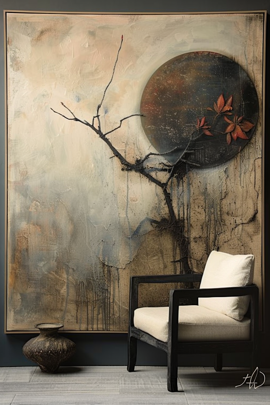 The image shows a modern, textured painting on a wall, featuring abstract elements with an earthy color palette: beige, brown, and hints of blue. A circular motif that resembles a planet or moon occupies the right side of the canvas, adorned with red-brown leaves on what appears to be a dark branch crossing the painting. Beside the large painting is an armchair with a minimalist black frame and a white cushion, indicating a contemporary interior decor style. A rustic vase sits on the grey floor beside the chair, contributing to the overall aesthetic. Proposed ALT text: A contemporary interior with an abstract painting featuring earth tones and a circular planet-like motif, alongside a minimalist black armchair and a rustic vase.