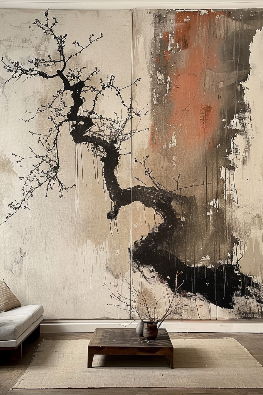 This image displays a cozy interior with a large abstract painting on the wall depicting a tree with black branches on a neutral, textured background with red and black paint splashes. Below the painting, there's a wooden low-profile coffee table with a simple branch in a pottery vase, placed on a textured rug. To the left, part of a minimalist-style daybed or couch with a neutral cushion is visible. ALT: Abstract painting of a tree with stark branches on a textured wall, with a minimalist coffee table and vase below in a serene room setting.