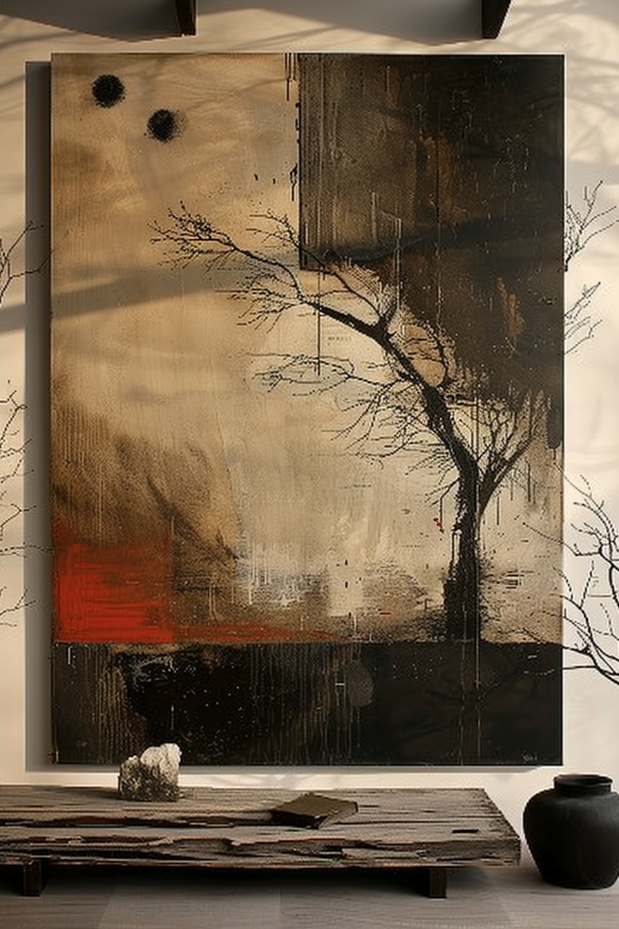 The image shows an abstract painting with a predominance of brown and black tones, depicting a solitary leafless tree. The background of the painting consists of streaks and splatters suggesting rainfall or a sense of decay, with a hint of red at the bottom. The painting has a somber and moody feel. In front of the painting is a wooden tabletop with a natural, rustic texture; on it sits a small, weathered book or piece of wood alongside a round, black vase. The vase and object are both off-center, creating an asymmetrical composition. The image presents a blend of artwork and interior design elements that suggest a contemplative and modern aesthetic. Abstract painting of a bare tree with textured streaks in brown and black hues, accompanied by a rustic wooden tabletop with a vase and object.