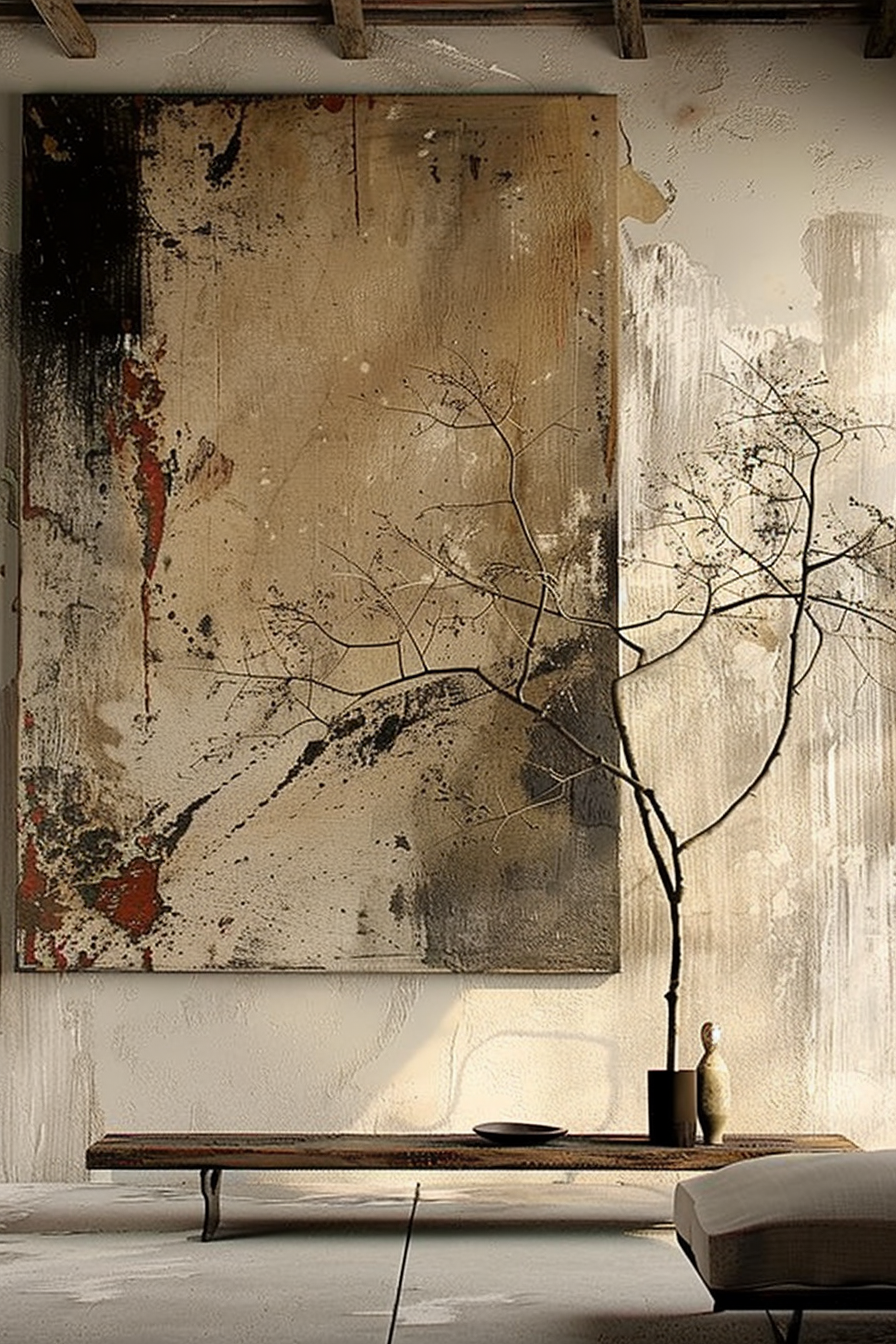 The image displays a tastefully decorated interior with a minimalist aesthetic. An abstract painting in earthy tones hangs on a textured wall, framed by what appears to be a rough wooden beam. Below the painting sits a long, narrow wooden bench with a modern, industrial design, resting on slender metal legs. On the bench, there is a simple black dish and a small, rounded sculpture next to a taller, slim vase that holds a delicate, leafless branch. The branch mirrors the linear forms in the painting, creating a visual dialogue between art and object. The entire scene is lit by soft, natural light, suggesting a serene and contemplative space. ALT text: Minimalist interior with abstract painting on textured wall, wooden bench with sculpture and vase with branch, bathed in natural light.