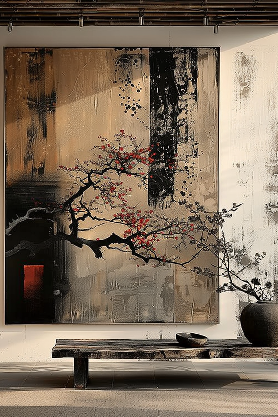 The image displays a large, vertically-oriented abstract painting hanging on a wall above a rough-hewn wooden bench. The painting shows dynamic brushstrokes in black, white, and gold with a detailed branch of a blossoming tree in the foreground with red flowers. A dark, textured pot with a small bowl beside it is situated on the floor to the right of the bench, enhancing the aesthetic composition. ALT text: Large abstract painting with vibrant brushstrokes and a blossoming branch with red flowers, displayed above a wooden bench, complemented by a dark pot and bowl.