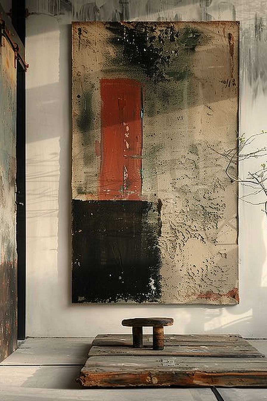 The image shows a large, abstract painting hanging on the exterior wall of a building. The painting has a textured surface with a mix of splatters and smudges in black, white, and a red rectangular shape resembling a door. Directly below the painting, there is a simple wooden bench on a platform made of worn wooden planks. To the right side of the painting, light and shadows cast from off-camera elements can be seen. ALT text: Abstract painting resembling a door on a textured surface, displayed outdoor above a wooden bench on a planked platform, with light casting shadows on the wall.