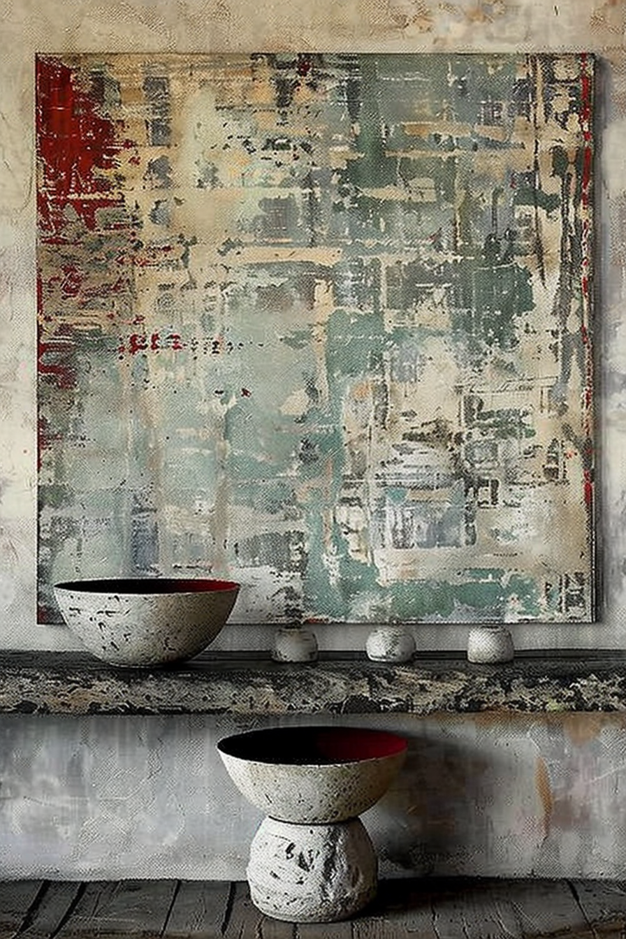 The image shows an abstract painting with a textured appearance dominated by various shades of grey, cream, and small patches of red color. It is hanging on a wall above a narrow shelf, which has a rustic look consistent with the painting's style. On the shelf, there are two round, shallow bowls—one directly on the shelf and the other on a cylindrical pedestal with a similar surface texture as the bowls. Both bowls have a prominent red interior. There are also three small round stones or spheres spaced out on the shelf between the bowls. The shelf and wall appear to be in a room with a wooden floor, adding to the overall natural and minimalist aesthetic. ALT text: Abstract painting with red and grey tones above a shelf holding two textured bowls with red interiors and decorative stones.