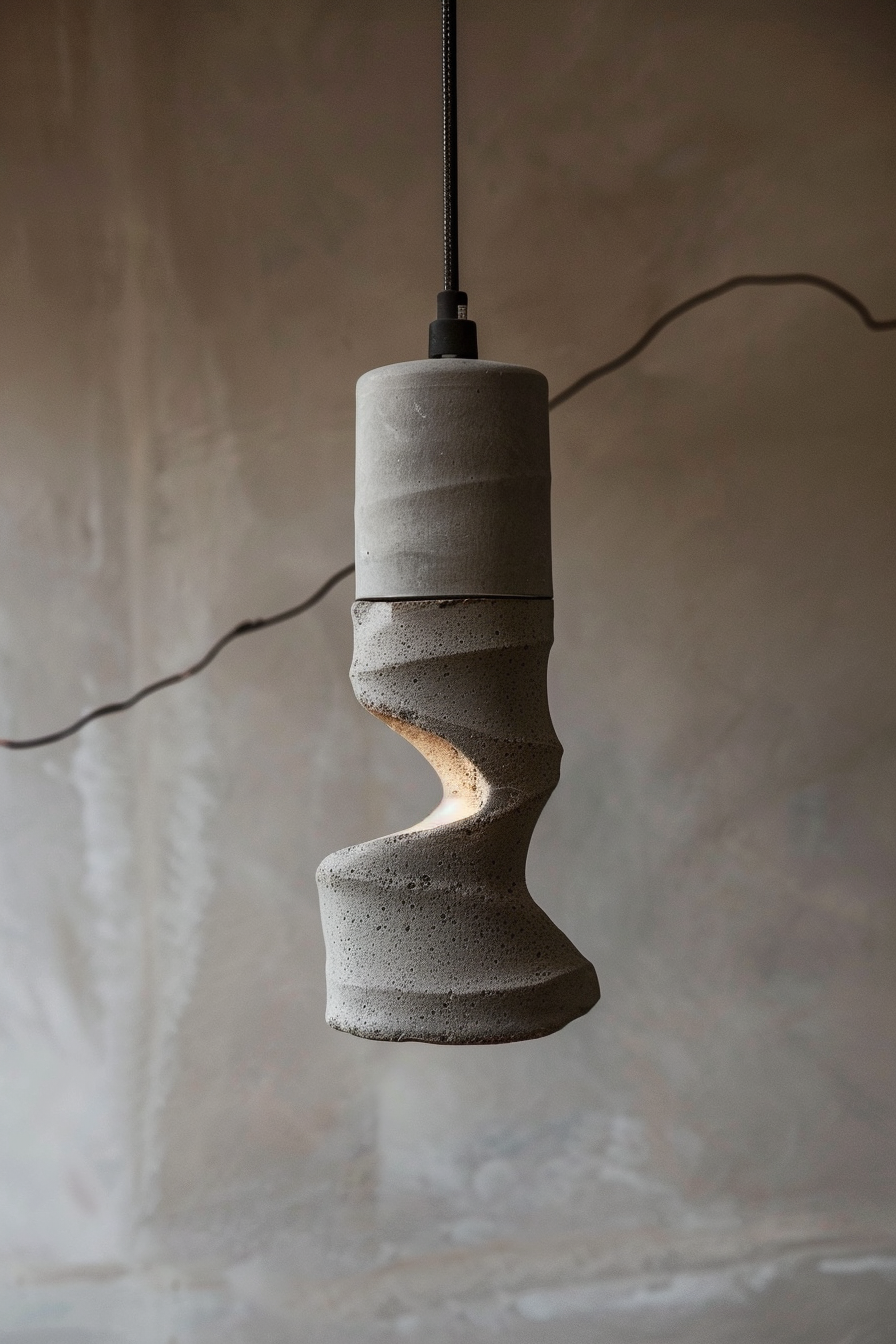 Modern pendant light with a twisted concrete design hanging against a textured wall background.