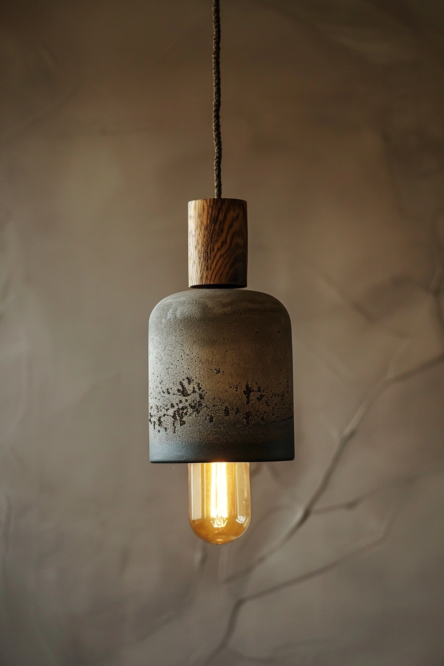 A modern hanging pendant light with a concrete shade and wooden detail, emitting a warm amber glow from an Edison bulb.