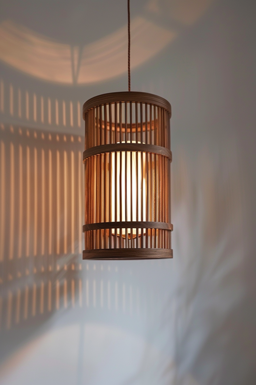 A wooden cage-like pendant light casting a geometric shadow pattern on a light wall.