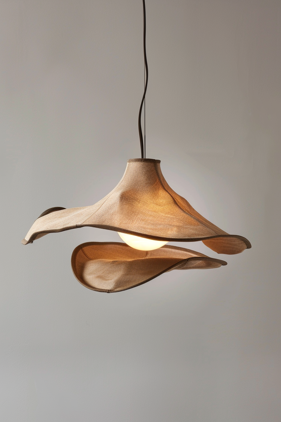 ALT: A modern pendant light with a unique wavy design hanging from twisted cables, emitting a warm glow against a plain background.