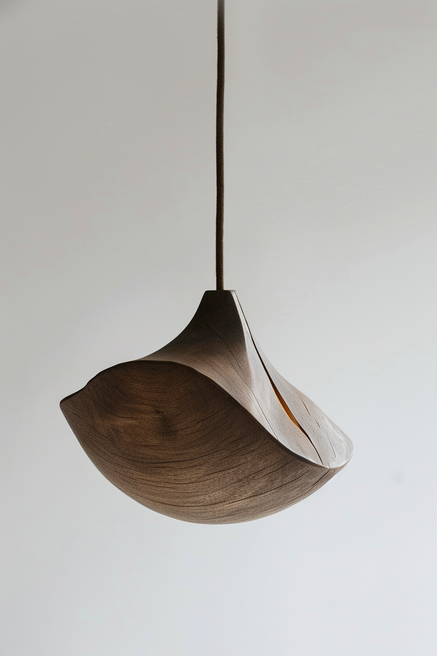 A stylish wooden pendant lamp with an organic design hanging against a plain background.