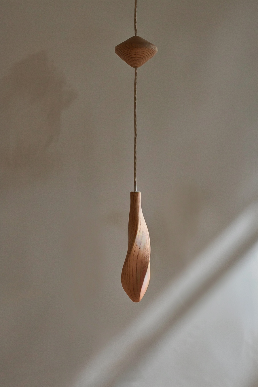 ALT: A wooden pull-cord for a light or fan, featuring a tapered handle and a circular knob, hangs against a softly lit grey background.
