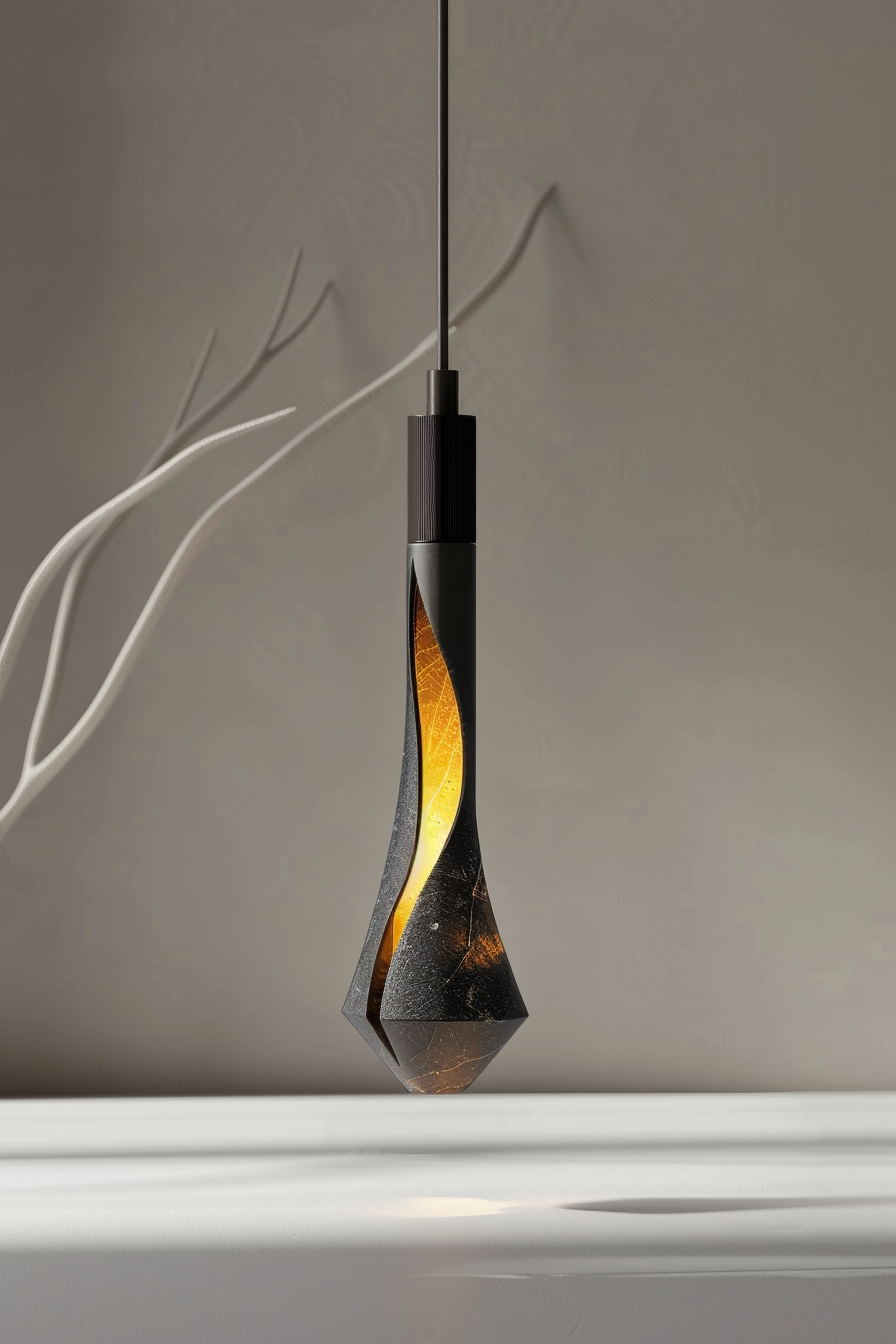 Modern pendant light with an angular design and warm glow hanging against a textured wall.