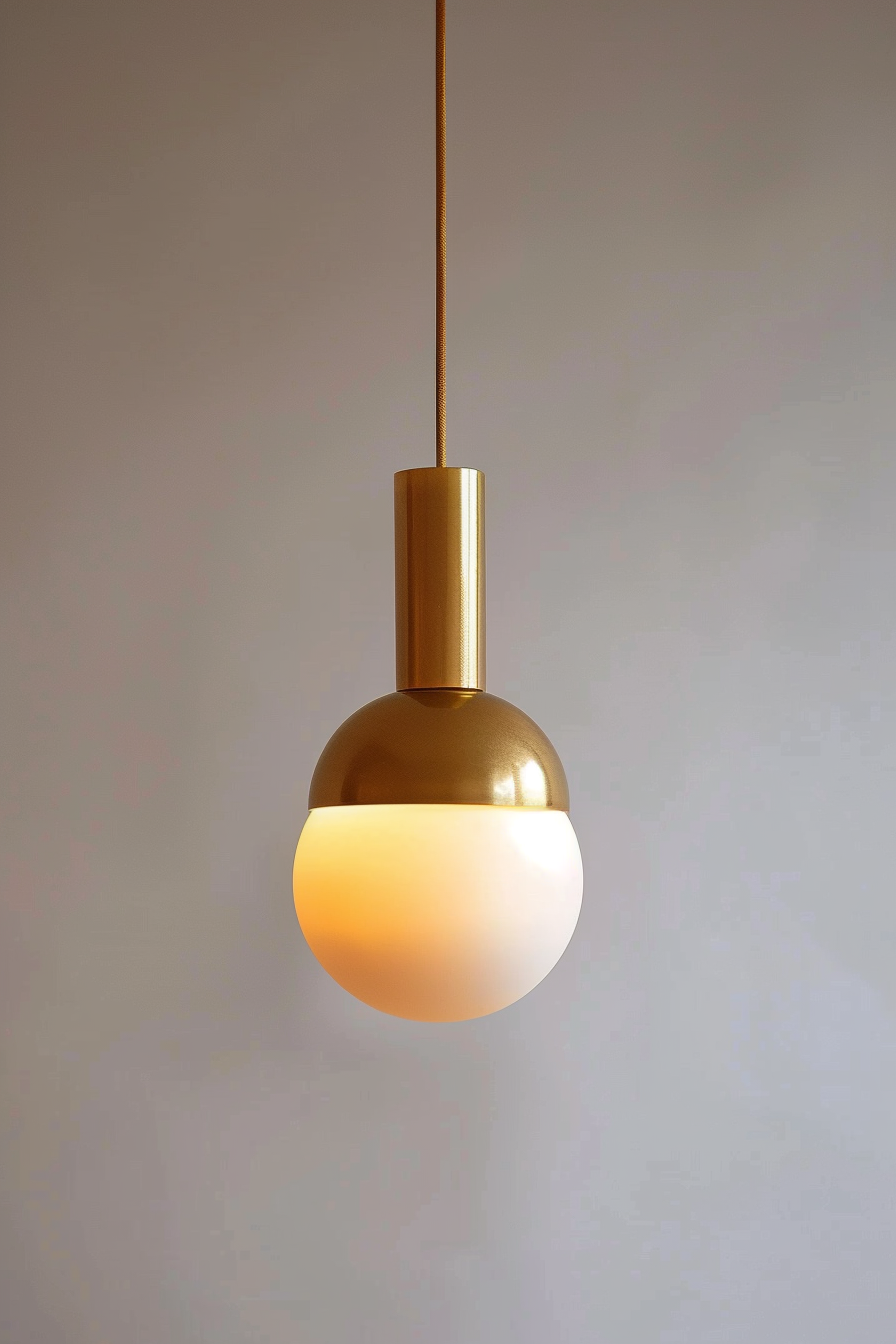 Pendant light with a gold finish and a frosted white globe shade, illuminated and hanging against a plain background.