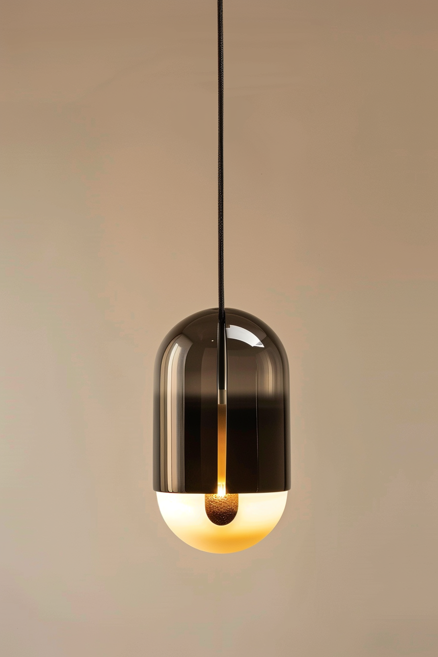 A modern pendant light with a warm glow, black exterior, and a round, illuminated bottom suspended from a black cord against a beige wall.