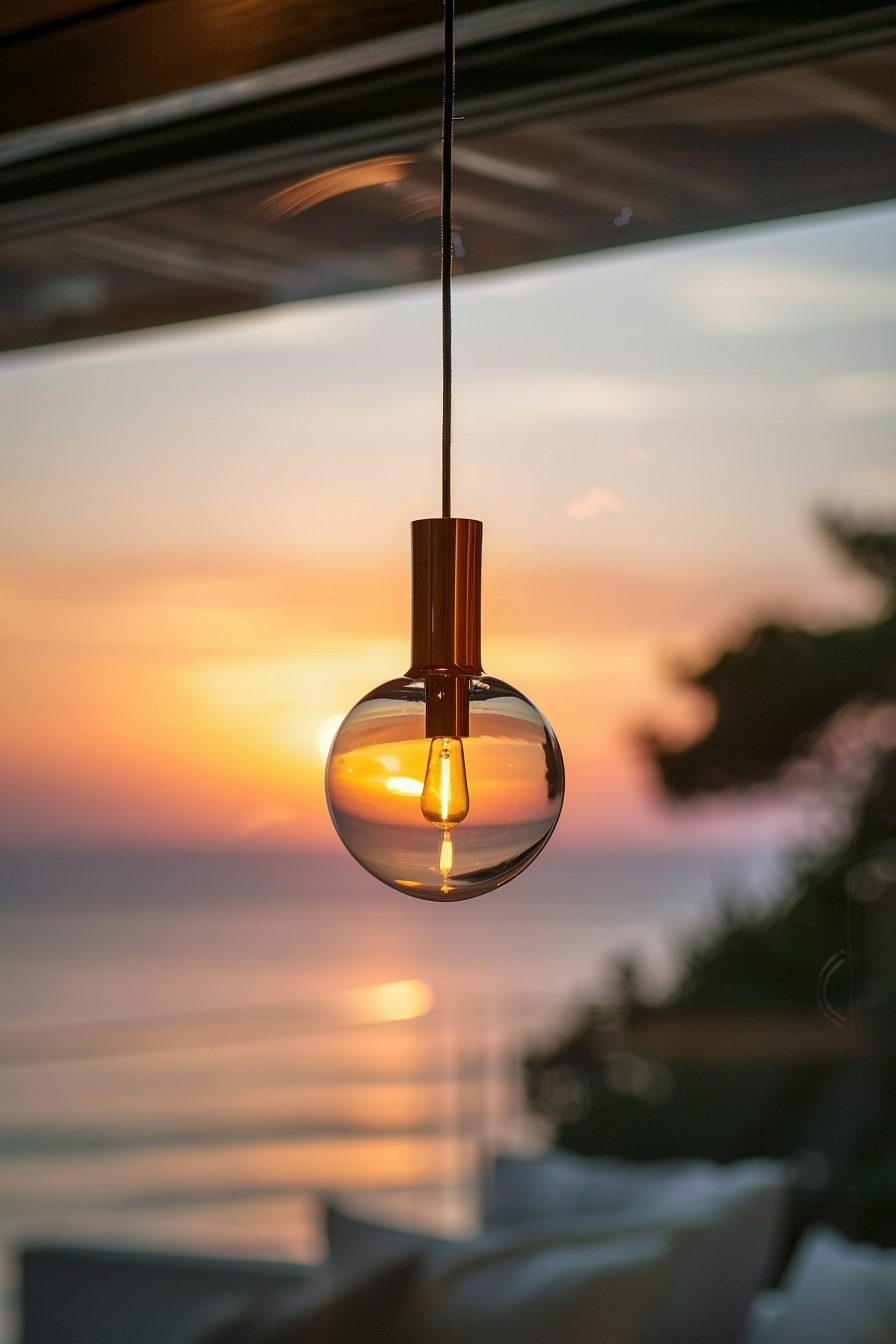 A round pendant light glowing against the backdrop of a serene sunset over calm waters, framed by subtle silhouettes of trees.