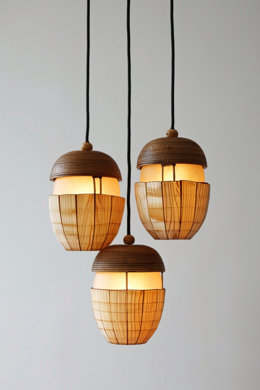 Three wooden pendant lights with illuminated interiors hanging against a neutral background.