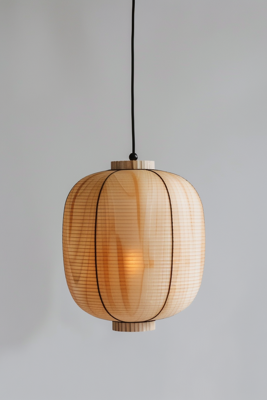 A wooden pendant light with a warm glow hangs against a grey background.