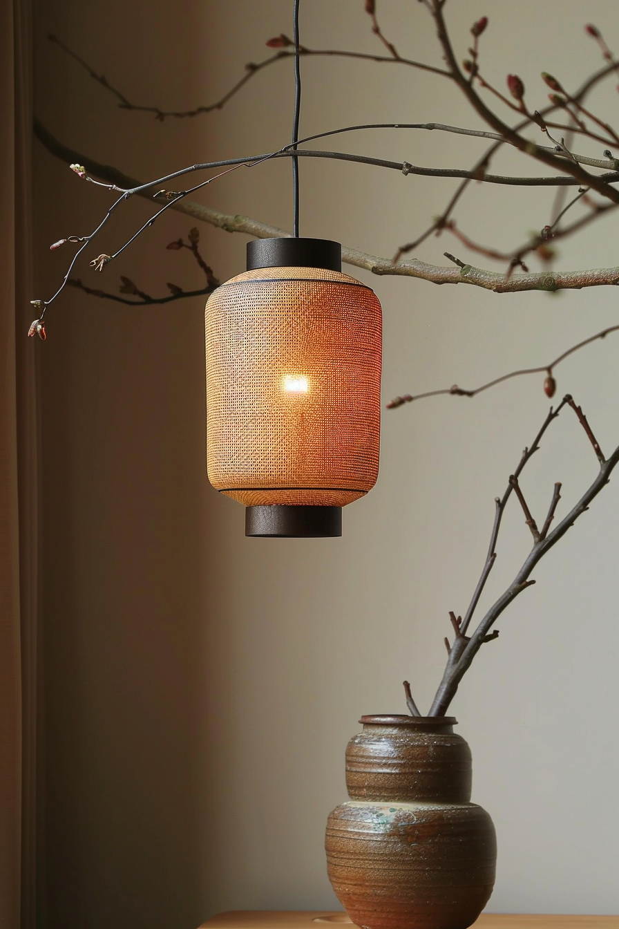 A warm, glowing pendant light hanging from a branch above a two-toned ceramic vase with budding twigs.