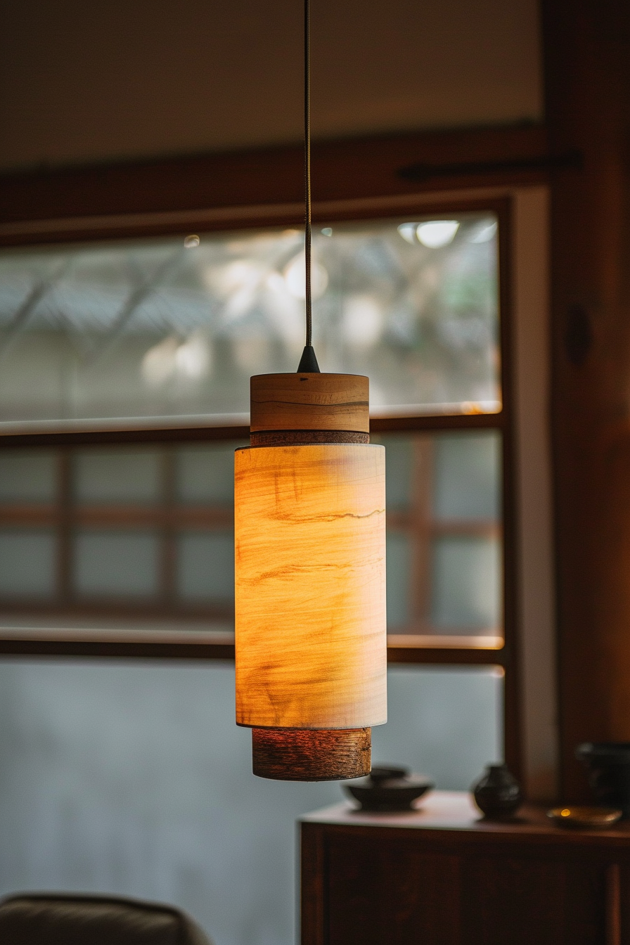 A warm-glowing cylindrical pendant light hanging from a dark ceiling with a blurred background of a window and furniture.