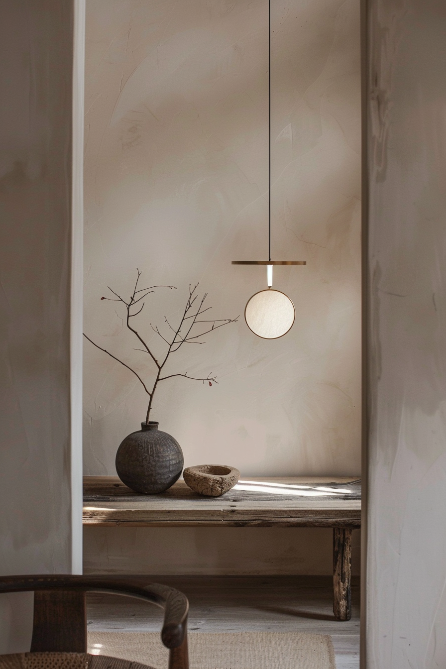 A serene space with a minimalist pendant light above a rustic bench displaying a textured vase with branches and a small bowl.