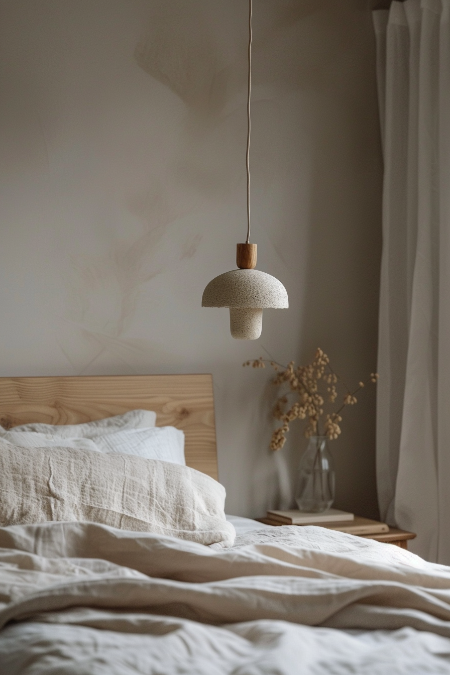 A cozy bedroom with an elegant pendant lamp hanging above a bed dressed in white linens, accompanied by soft ambient lighting.