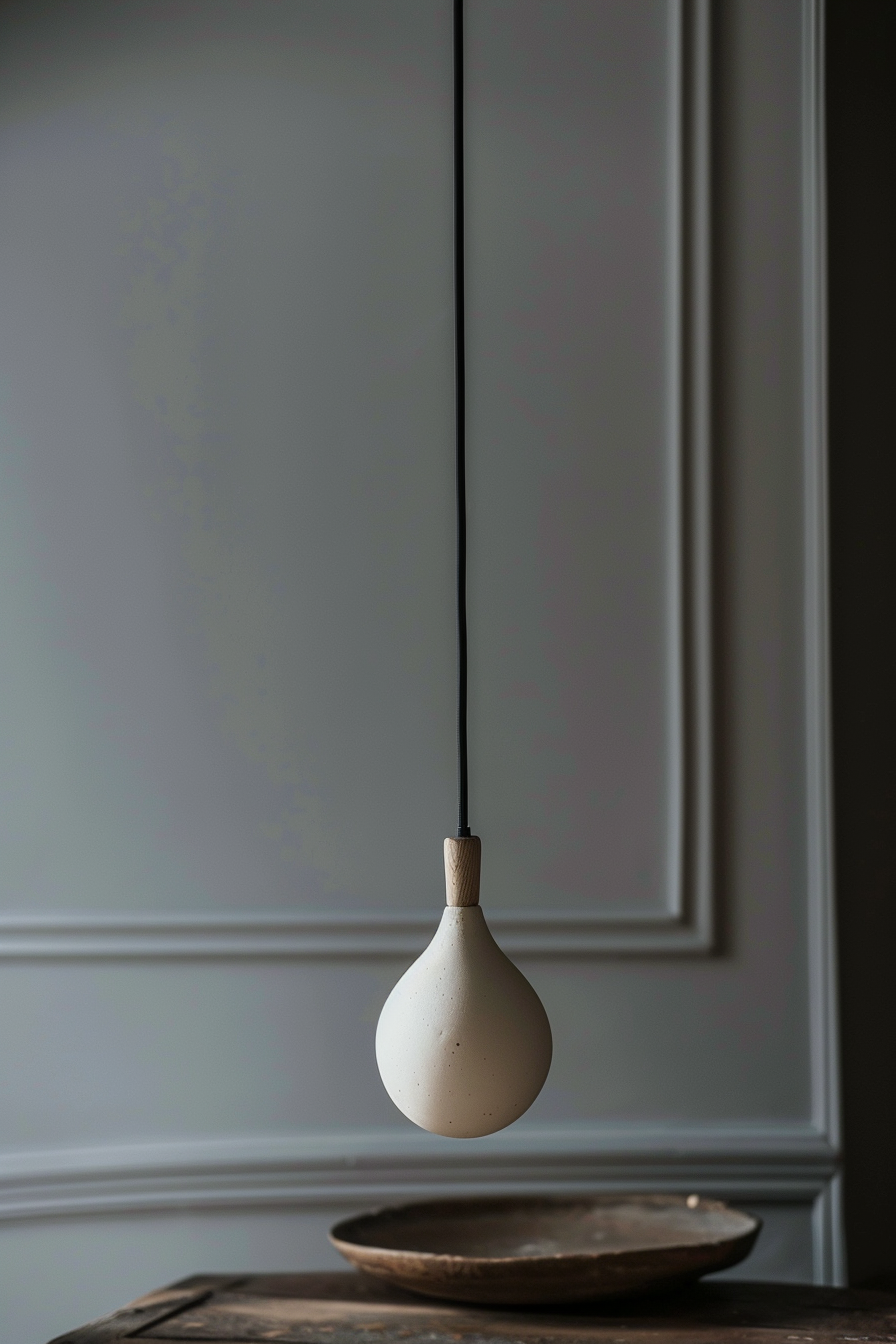Minimalistic white pendant light with wooden detail hanging above a wooden table against a grey wall with wainscoting.