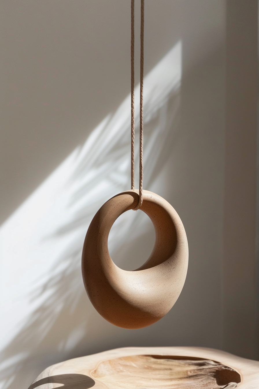 A ceramic ring sculpture suspended by a rope casts a shadow on a light wooden surface and white wall.