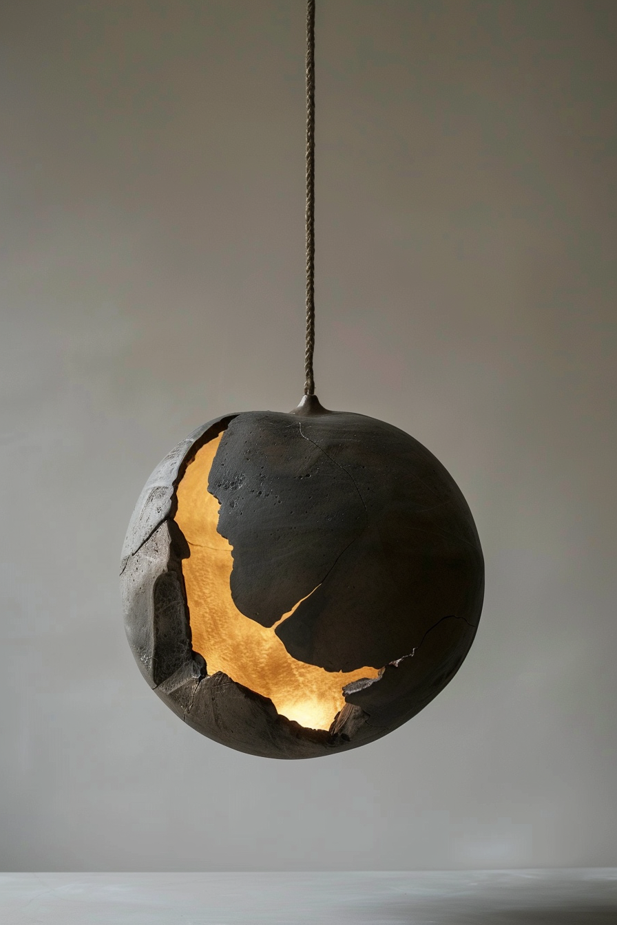 A spherical pendant light with a cracked exterior revealing a luminous golden interior, suspended from a rope against a grey background.