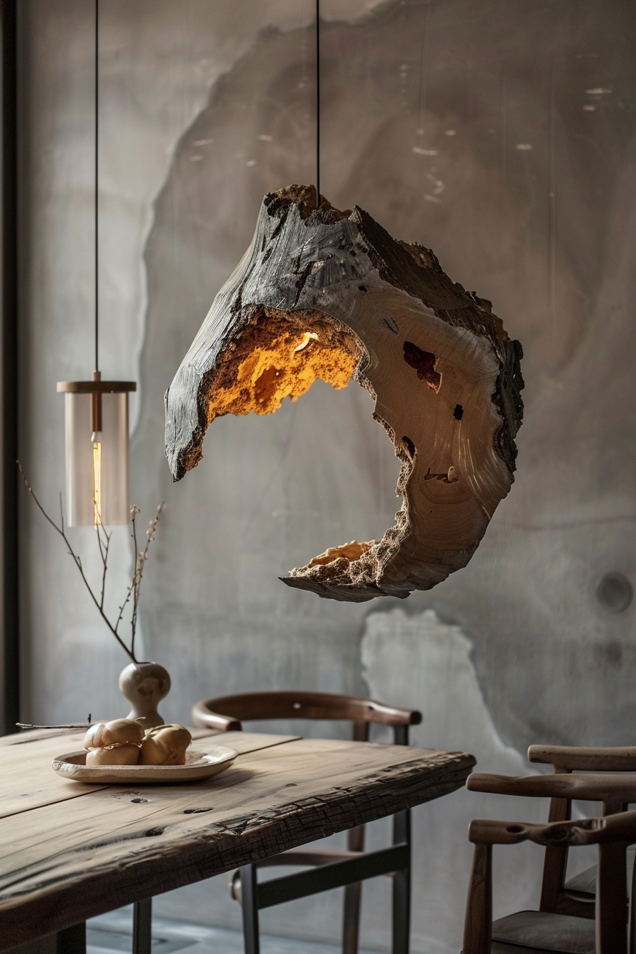 A rustic wooden table setup with unique lighting through a sculptural piece of hollow wood suspended above it.