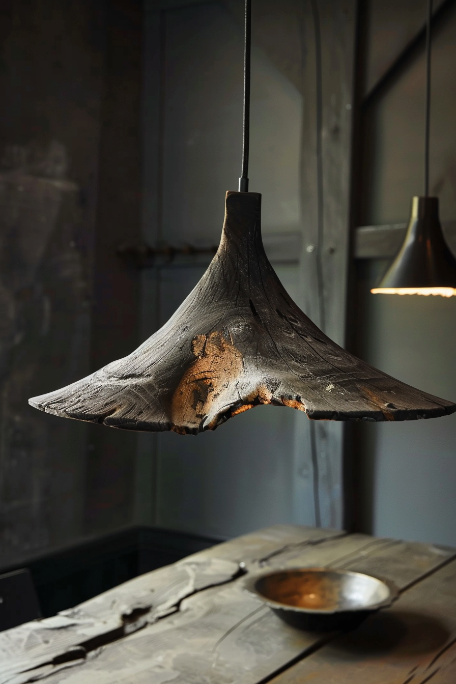 Wooden pendant light with a rustic design hanging above a matching wooden table in a dimly lit room.