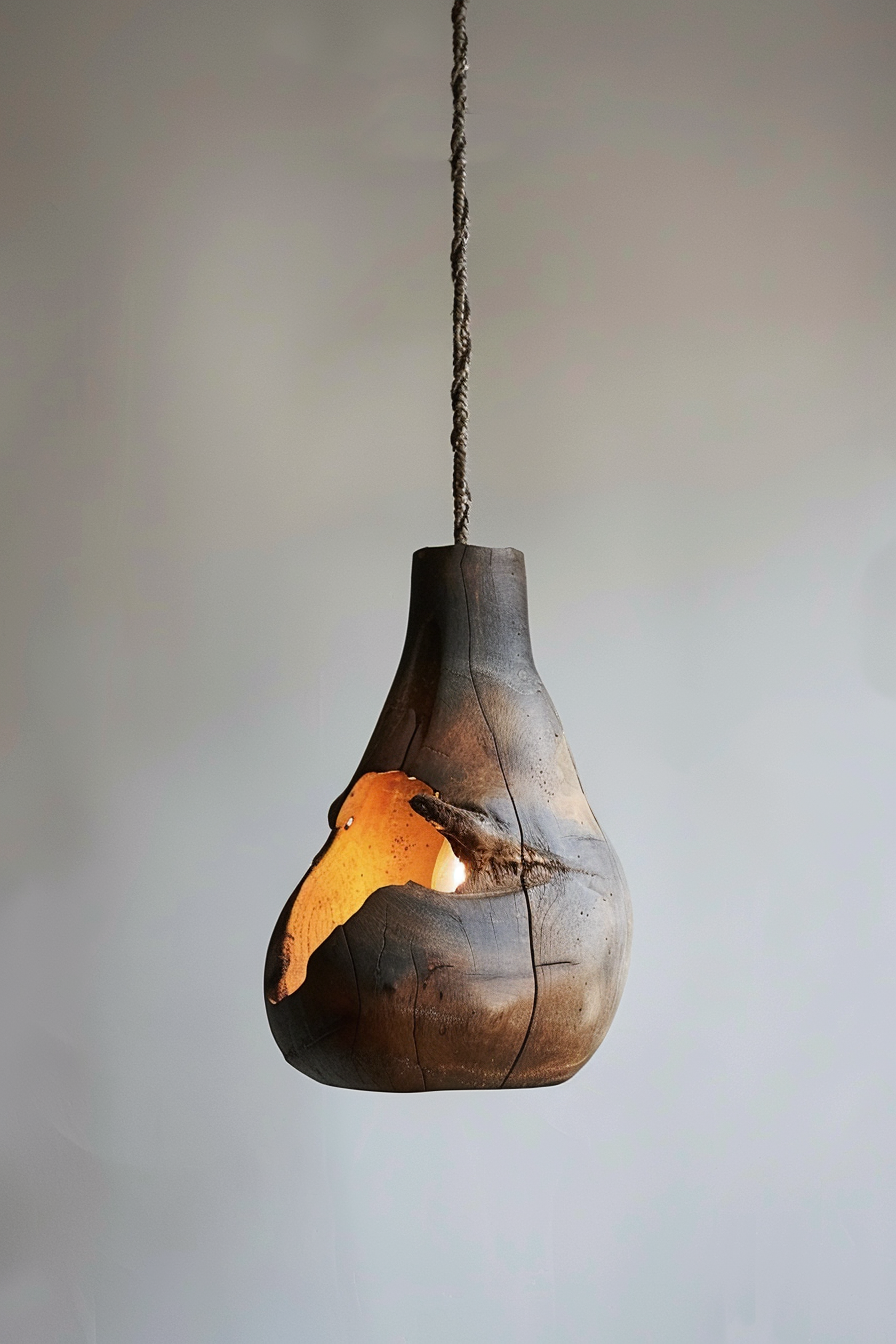 A unique pendant light with a warm glow, crafted from a hollowed wooden shape, suspended by a braided rope.