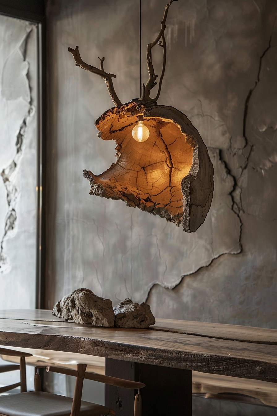 A rustic wooden slab with an embedded light bulb hangs above a table, flanked by branch-like structures, against a textured wall.
