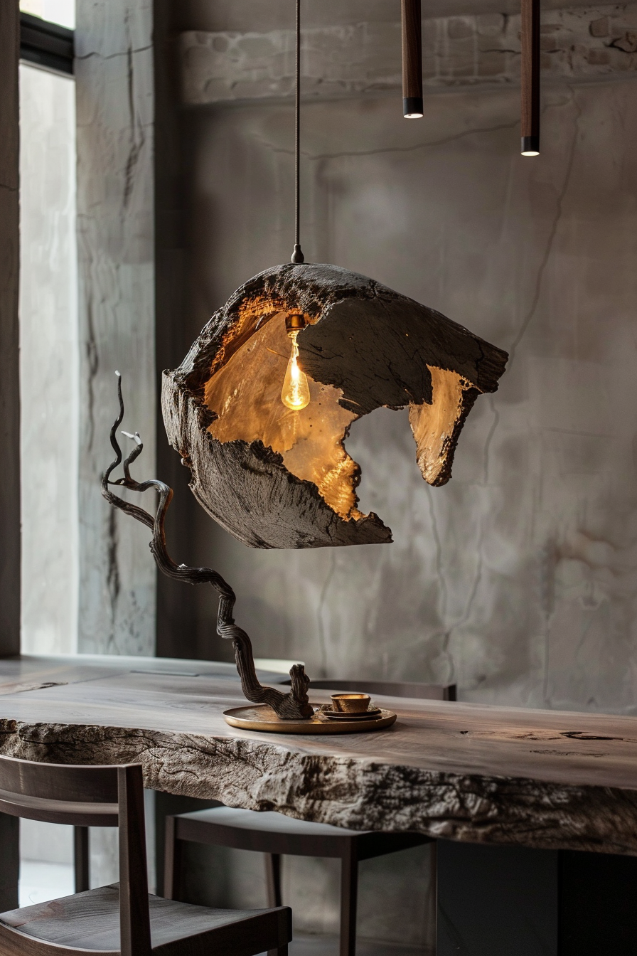 A unique pendant lamp with a rustic design hanging above a wooden table, casting a warm glow through its hollowed, uneven shape.