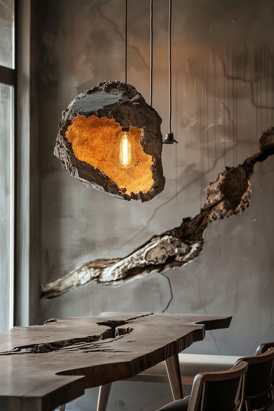 Unique interior with a rustic wooden table and a pendant light set inside a rugged stone with a luminous amber center.