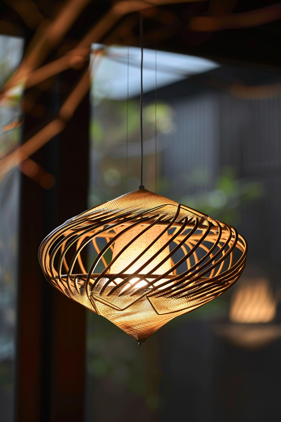 A warmly lit, intricate wooden pendant lamp hanging indoors with a blurred background.