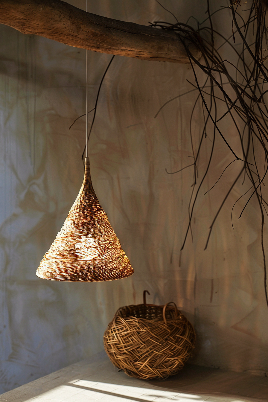 Woven pendant light hanging from a wooden beam with shadows on the wall, next to a woven basket on a sunlit surface.