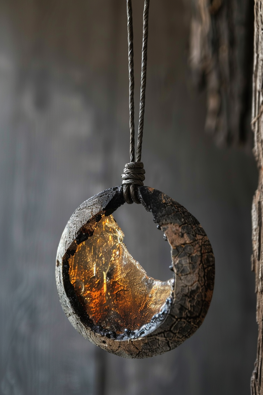A rustic circular piece of wood with a transparent amber center, suspended by a twisted rope, against a blurred background.