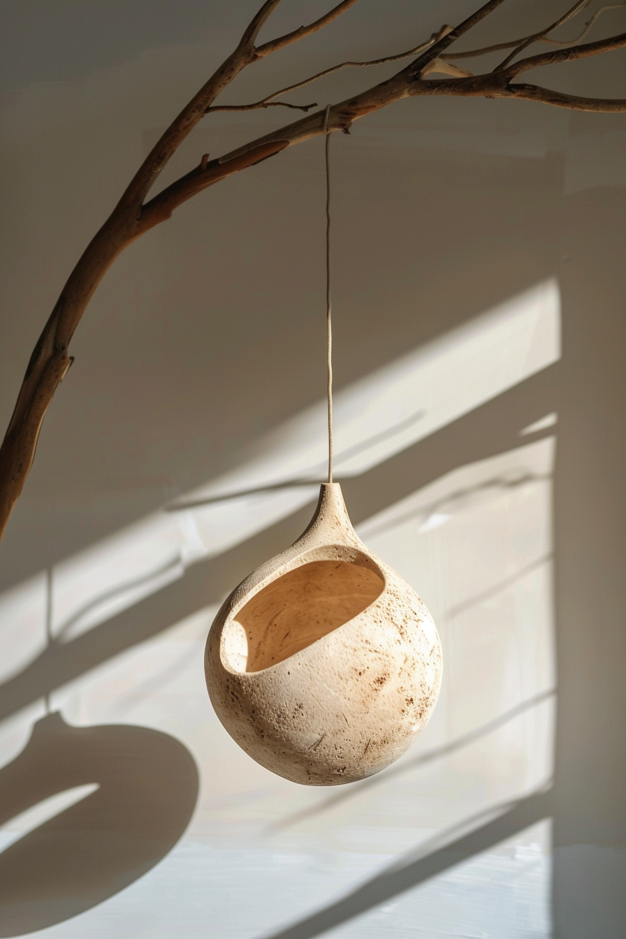 A hanging ceramic birdhouse dangles from a tree branch in a sunlit room, casting a soft shadow on the wall.