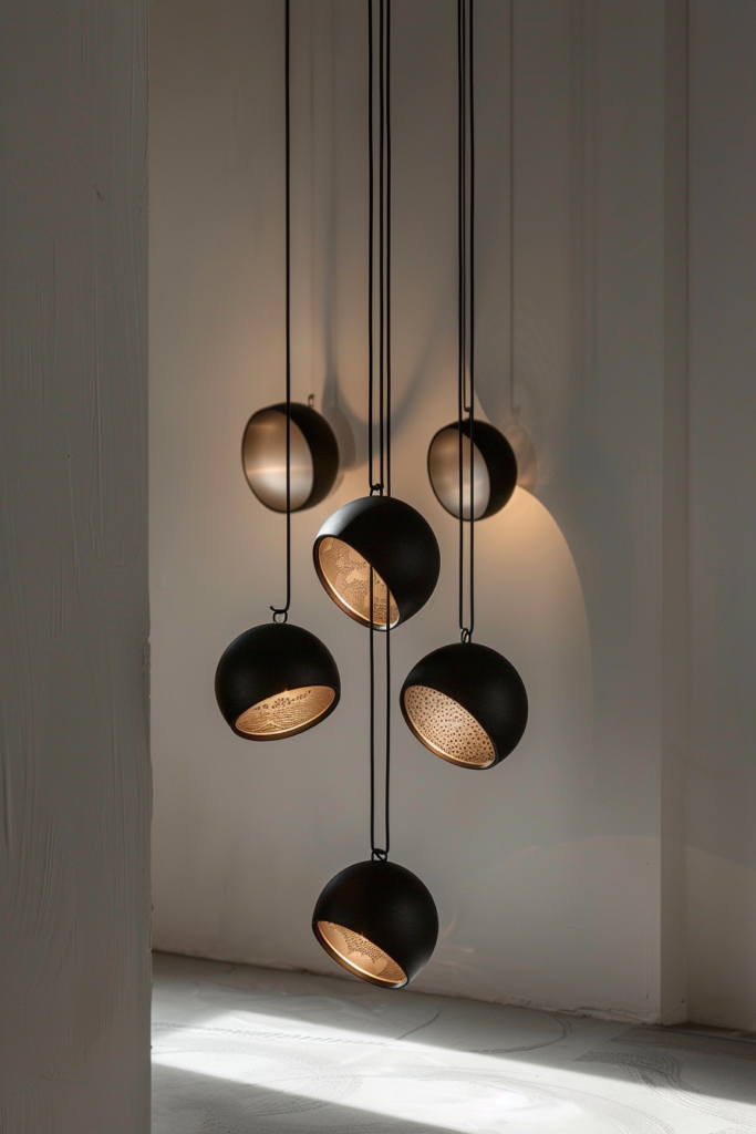 Modern pendant lights with black exteriors and golden interiors hanging at different heights in a room with sunlit walls.